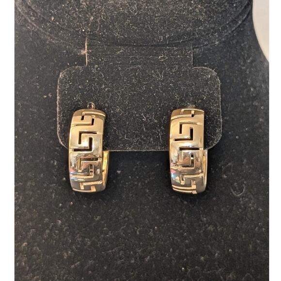 925 Sterling Silver Greek Key Post 1" Round 3/8" Wide Hoop Earrings - Picture 3 of 7